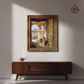 Hand-painted oil painting looking through the Gate of the Great Umayyad Mosque in Damascus, Syria showing Arabic calligraphy and pigeons.