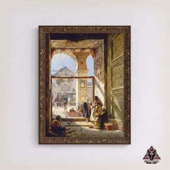 Hand-painted oil painting looking through the Gate of the Great Umayyad Mosque in Damascus, Syria showing Arabic calligraphy and pigeons.