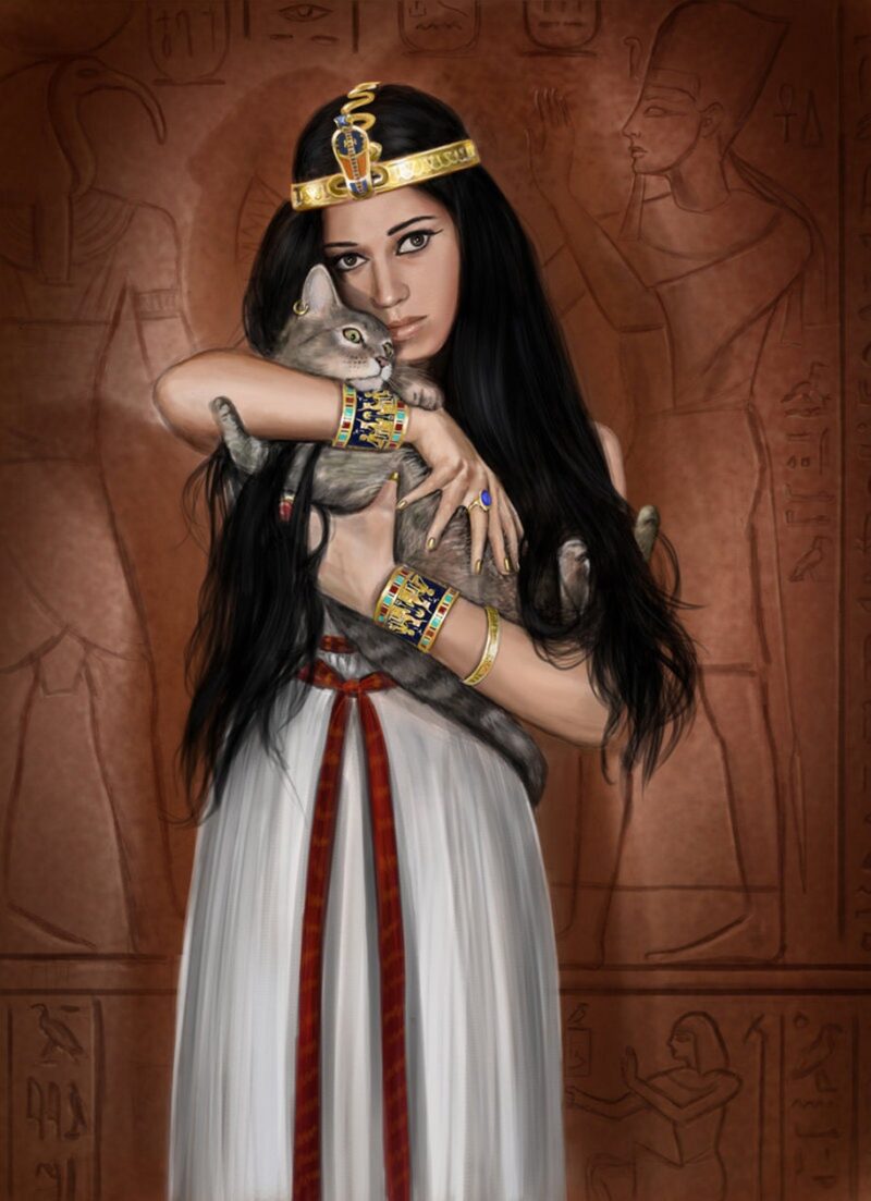 Egyptian Queen With Her Bastet Cat - Hand Painted Oil Painting On Canvas
