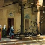 Feeding Pigeons in a Courtyard – Hand Painted Oil Painting On Canvas
