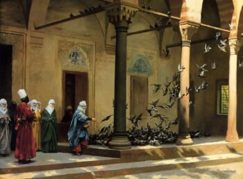 Feeding Pigeons in a Courtyard - Hand Painted Oil Painting On Canvas
