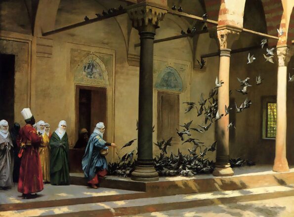 Feeding Pigeons in a Courtyard - Hand Painted Oil Painting On Canvas