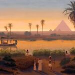 Sunset On The Nile At Giza Pyramids - Hand Painted Oil Painting On Canvas