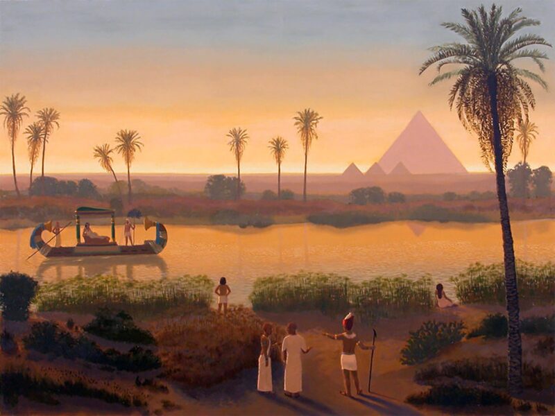 Sunset On The Nile At Giza Pyramids - Hand Painted Oil Painting On Canvas
