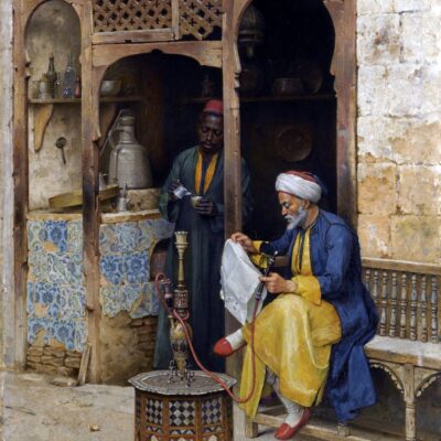 Reading The Newspaper With Hookah At An Old Arab Coffee House in Cairo - Hand Painted Oil Painting On Canvas