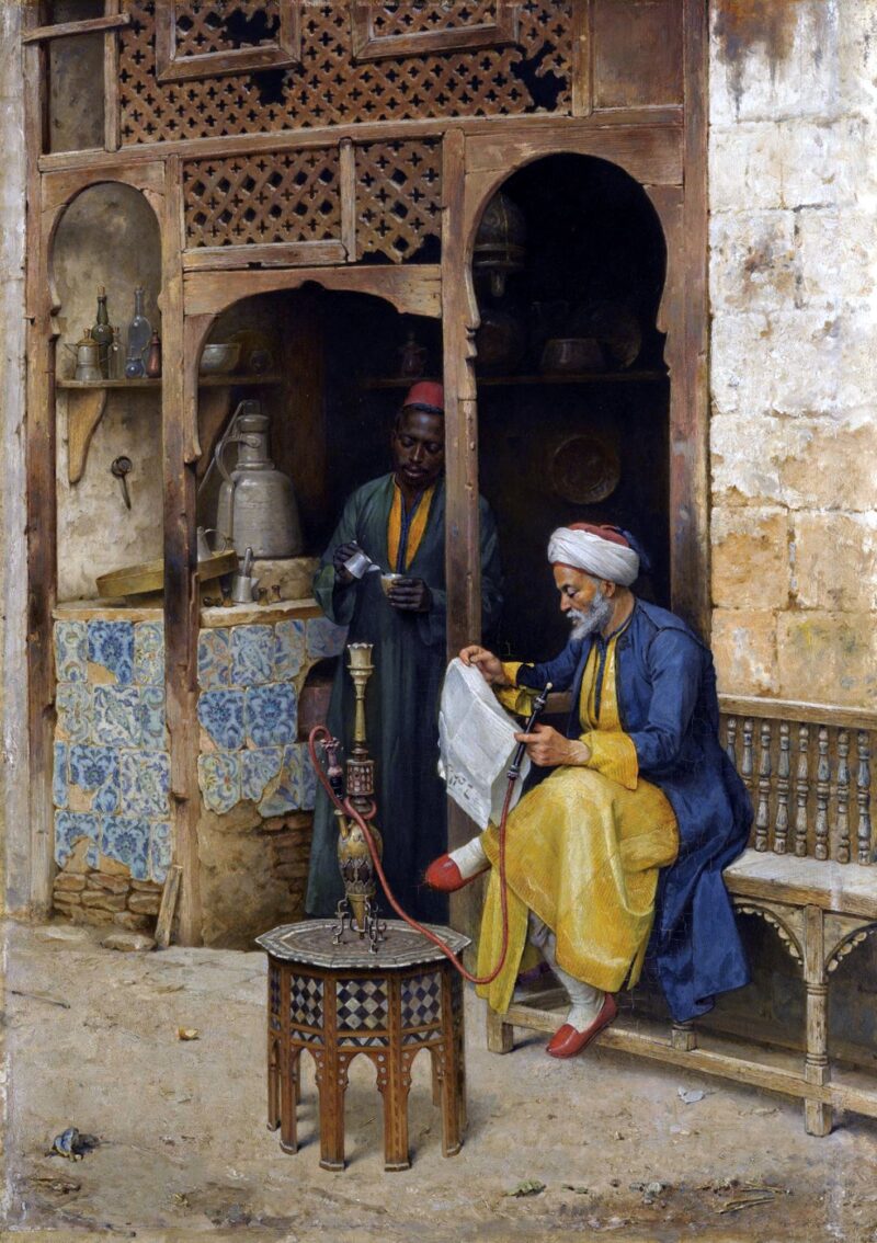 Reading The Newspaper With Hookah At An Old Arab Coffee House in Cairo - Hand Painted Oil Painting On Canvas