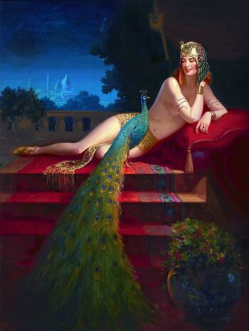 Cleopatra With Peacock At The Dawn - Hand Painted Oil Painting On Canvas