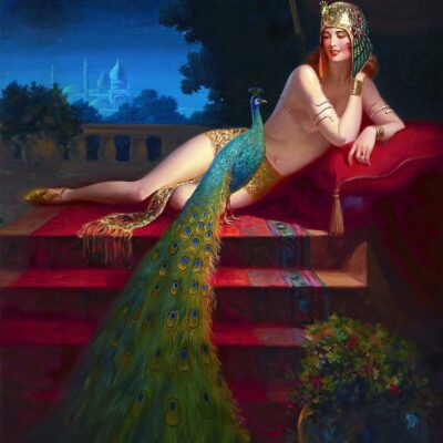 Cleopatra With Peacock At The Dawn - Hand Painted Oil Painting On Canvas