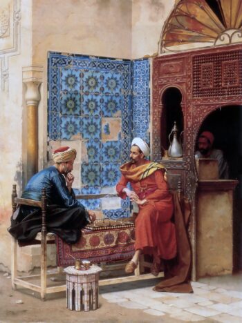 Playing Chess At An Old Arab Coffee House in Cairo - Hand Painted Oil Painting On Canvas