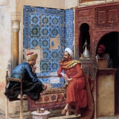 Playing Chess At An Old Arab Coffee House in Cairo - Hand Painted Oil Painting On Canvas