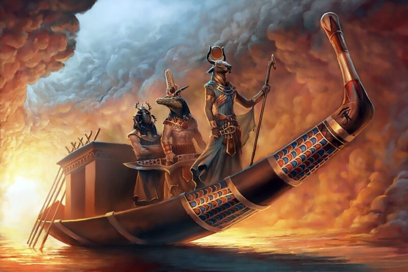 Gods Of Ancient Egypt On The Solar Barge - Hand Painted Oil Paintings On Canvas
