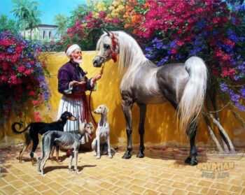 Arabian Horse and Saluki Dogs - Hand Painted Oil Painting On Canvas