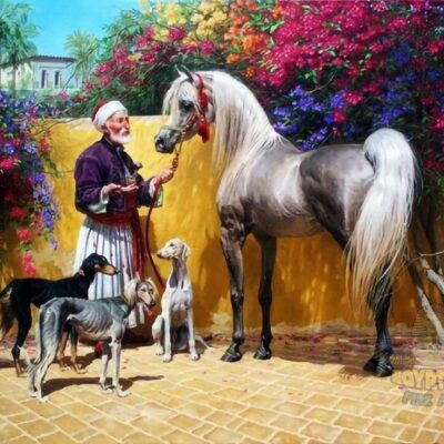 Arabian Horse and Saluki Dogs - Hand Painted Oil Painting On Canvas