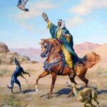Arab Hunter With His Hawk and Saluki Dogs - Hand Painted Oil Painting On Canvas