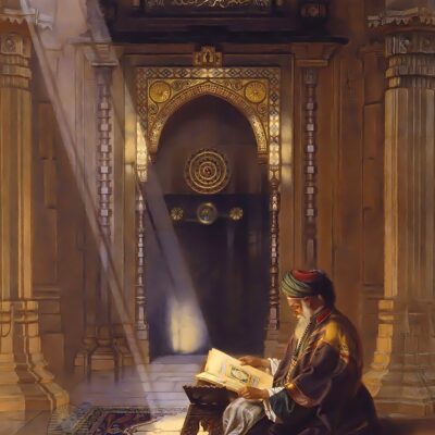 Reading The Holy Quran Inside The Mosque - Hand Painted Oil Painting On Canvas
