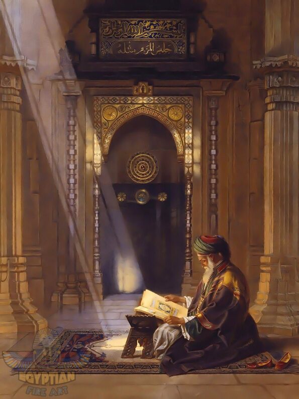 Reading The Holy Quran Inside The Mosque - Hand Painted Oil Painting On Canvas