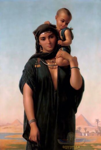 Egyptian Woman And Her Baby in Front of Giza Pyramids - Hand Painted Oil Painting On Canvas