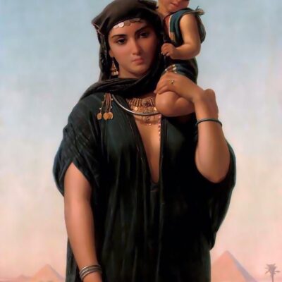 Egyptian Woman And Her Baby in Front of Giza Pyramids - Hand Painted Oil Painting On Canvas