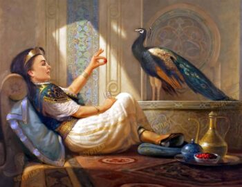 Arabic Princess And The Peacock - Hand Painted Oil Painting On Canvas