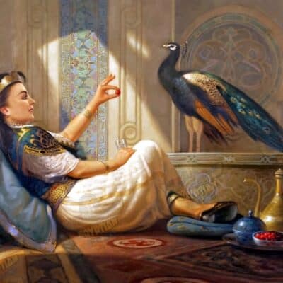Arabic Princess And The Peacock - Hand Painted Oil Painting On Canvas