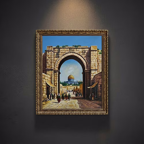 Islamic art oil painting on canvas featuring detailed mosque architecture and a stone archway in Jerusalem, Palestine.